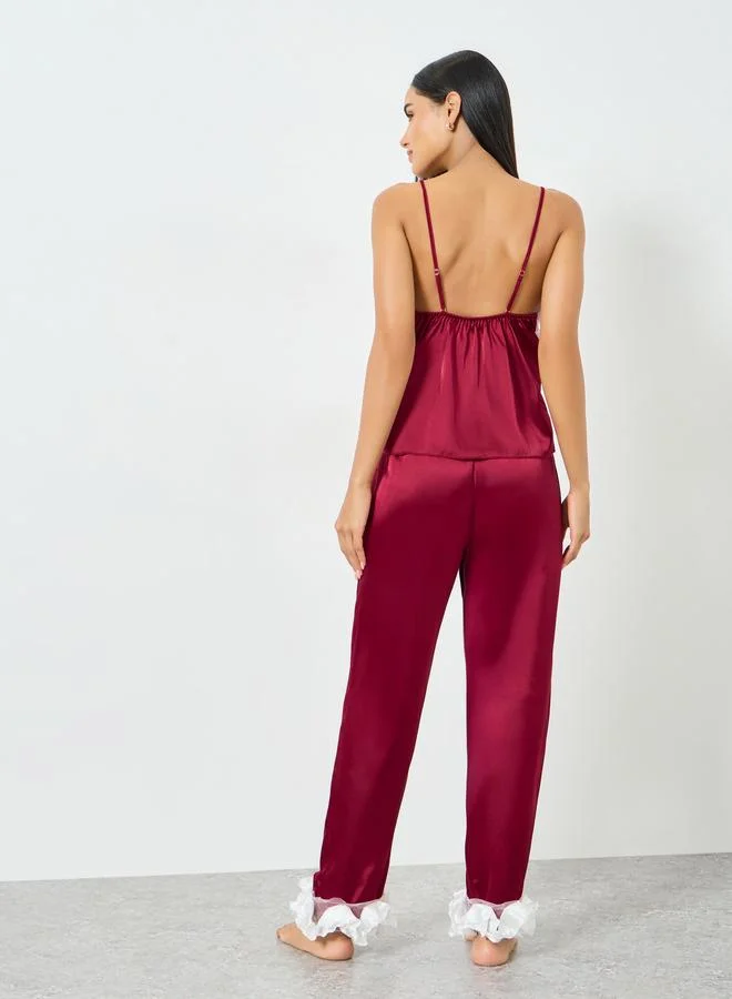 Take Two Burgundy Red Ruffle Trim Satin Cami and Pyjama Set for Women | Best Price UAE