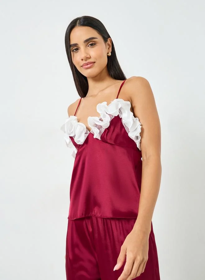 Take Two Burgundy Red Ruffle Trim Satin Cami and Pyjama Set for Women | Best Price UAE