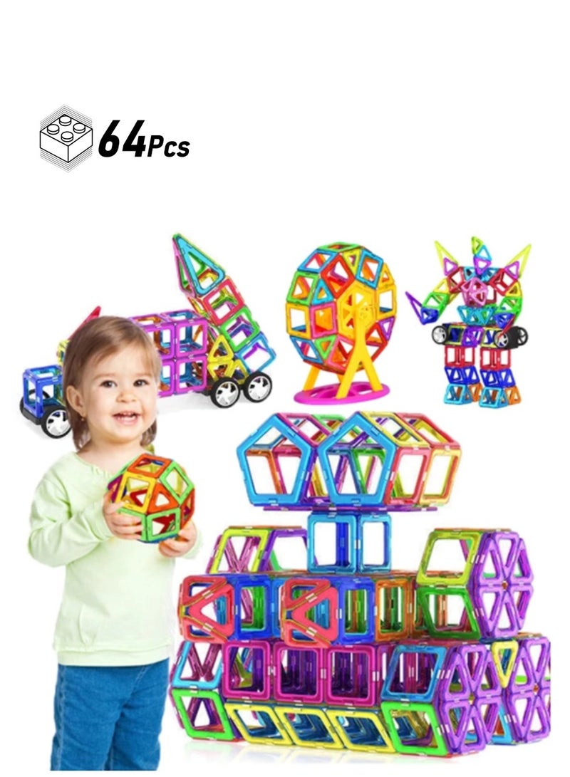 64 Pieces Educational Magnetic Color Tile Geometry Magnetic Building Blocks Playset Durable and Sturdy - Image 1