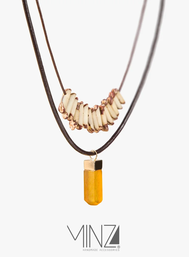 Minza  Minza Jose Unisex Necklace, 18K Gold, Beaded Pendant Necklace, with Date Pit Beads, Date Pit, Leather & Amber, Handmade Adjustable Jewelry  | Best Price UAE