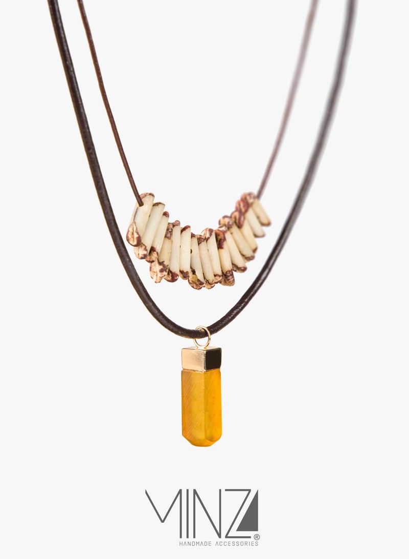 Minza Jose Unisex Necklace, 18K Gold, Beaded Pendant Necklace, with Date Pit Beads, Date Pit, Leather & Amber, Handmade Adjustable Jewelry - Image 5