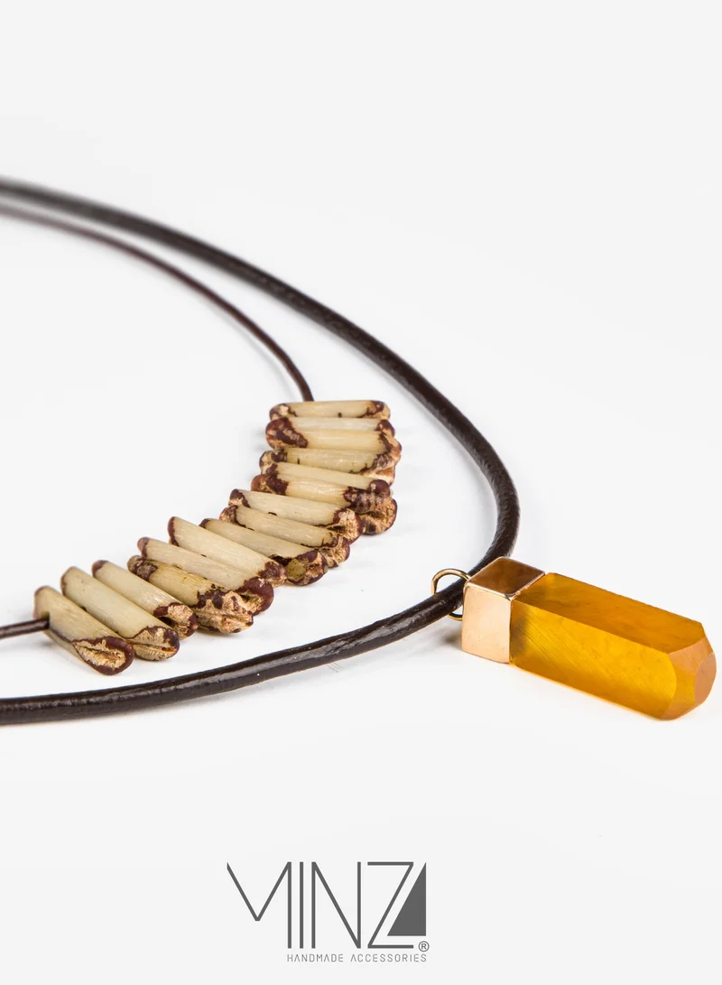 Minza  Minza Jose Unisex Necklace, 18K Gold, Beaded Pendant Necklace, with Date Pit Beads, Date Pit, Leather & Amber, Handmade Adjustable Jewelry  | Best Price UAE