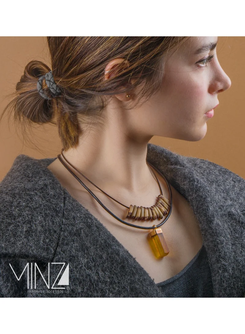 Minza  Minza Jose Unisex Necklace, 18K Gold, Beaded Pendant Necklace, with Date Pit Beads, Date Pit, Leather & Amber, Handmade Adjustable Jewelry  | Best Price UAE