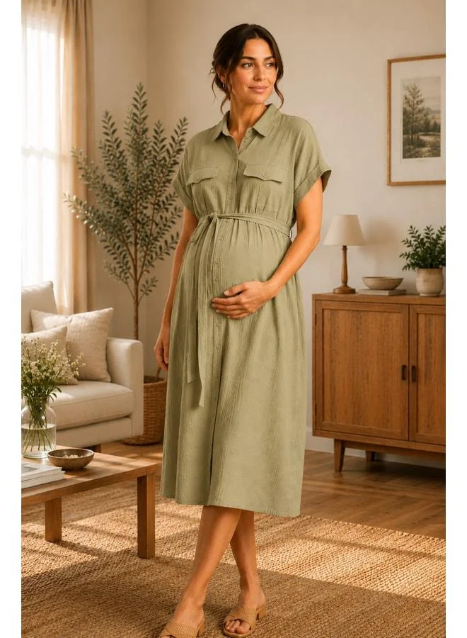 LuvmaBelly MYRA5863 – Natural Muslin Summer Shirt Dress for Pregnant Women - Light Green