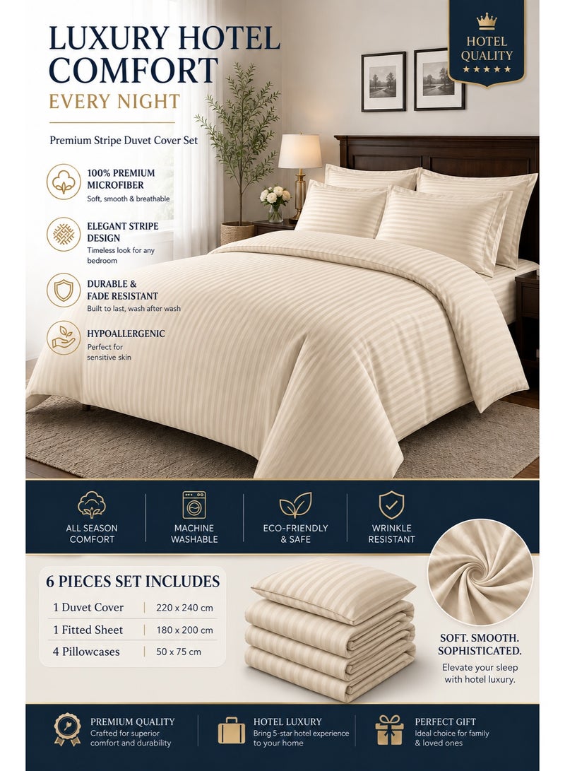 My Cotton Luxury Striped Beige Duvet Cover Set 6 Pieces King Size 220×240 cm – Premium Brushed Microfiber, Soft Cotton Feel, Fitted Sheet 180×200+30 cm & 4 Pillowcases 50×75 cm – Breathable Hotel Collection Bedding - Image 1