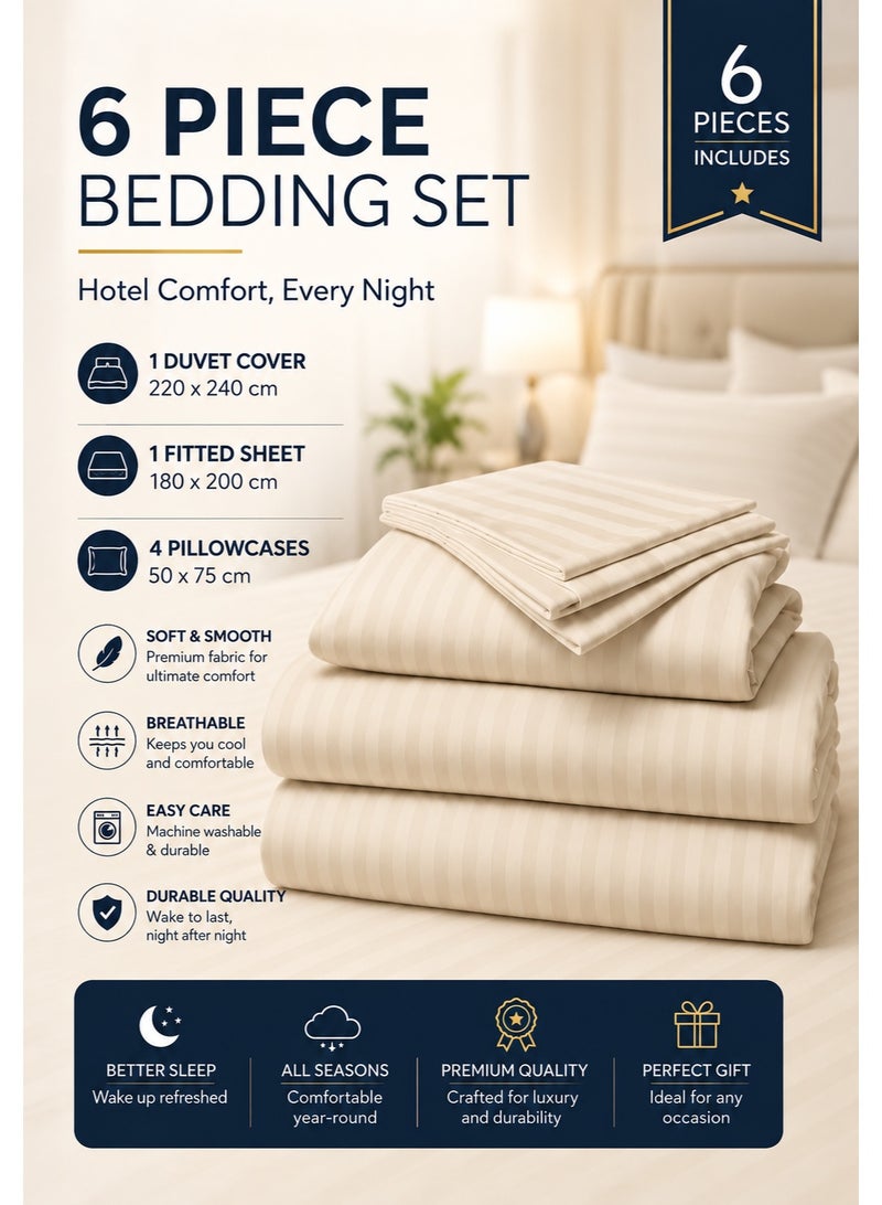 My Cotton Luxury Striped Beige Duvet Cover Set 6 Pieces King Size 220×240 cm – Premium Brushed Microfiber, Soft Cotton Feel, Fitted Sheet 180×200+30 cm & 4 Pillowcases 50×75 cm – Breathable Hotel Collection Bedding - Image 4