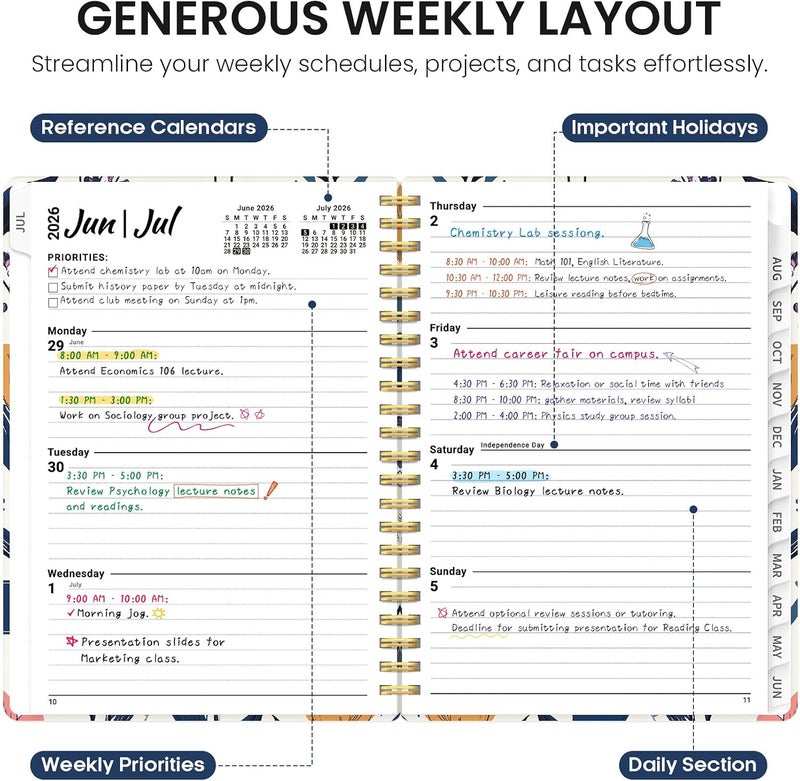 Taja Planner 2026–2027 Academic Book, Weekly and Monthly Layout, July 2026 to June 2027, Hardcover Agenda with Tabs, School and Office Supplies, A5 Size 6.3" x 8.5" - Tulip Medley - Image 3