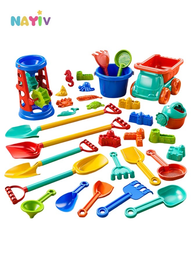 NAYIV Beach Toys Set 32PCS Beach Toy Kit with Sand Bucket Shovels Sand Molds Water Wheel Beach Tool Kit for Beach Travel Bucket Watering Can Molds Fun Beach Sand Toys Sandbox Toys Kids Sandcastle Construction Kit for Kids Ages 3-13 - Image 1