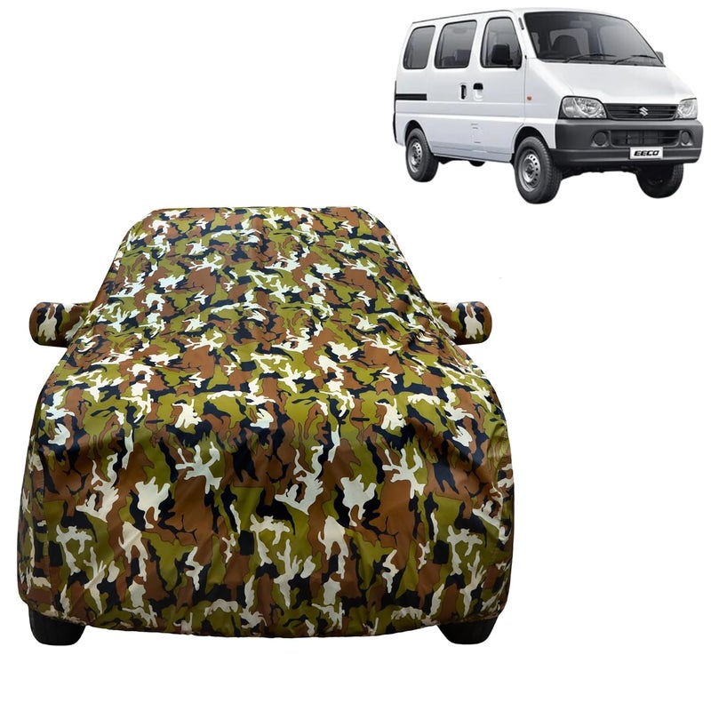 VYAS 100% Waterproof Car Body Cover for Maruti Suzuki Ecco (2010-2025) with Mirror Pocket Triple Stitched Belt & Buckle Fitting Dual Elastic, Durable Material Jungle Print Camouflage Design - Image 1
