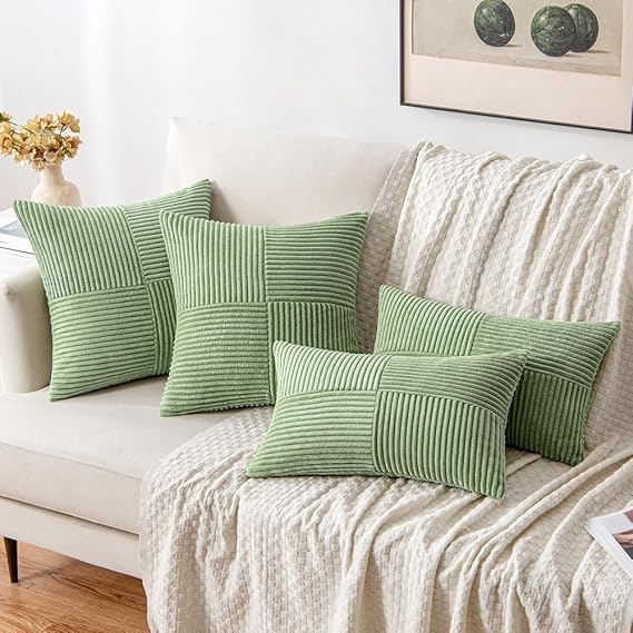 Guffaw Corduroy Pillow Covers Boho Decorative Spliced Throw Pillow Covers Soft Solid Couch Pillowcases Cross Patchwork Cushion Covers for Living Room Bed Sofa 16x16 inch (2, SAGE Green) - Image 4