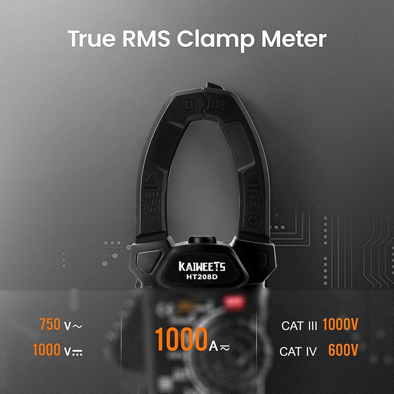 KAIWEETS HT208D Inrush Clamp Meter 1000A True RMS AC/DC Current Amp Meter, VFD, LOZ Mode, 6000 Counts, Measures Current Voltage Temperature Capacitance Resistance Diodes Continuity Duty-Cycle - Image 2