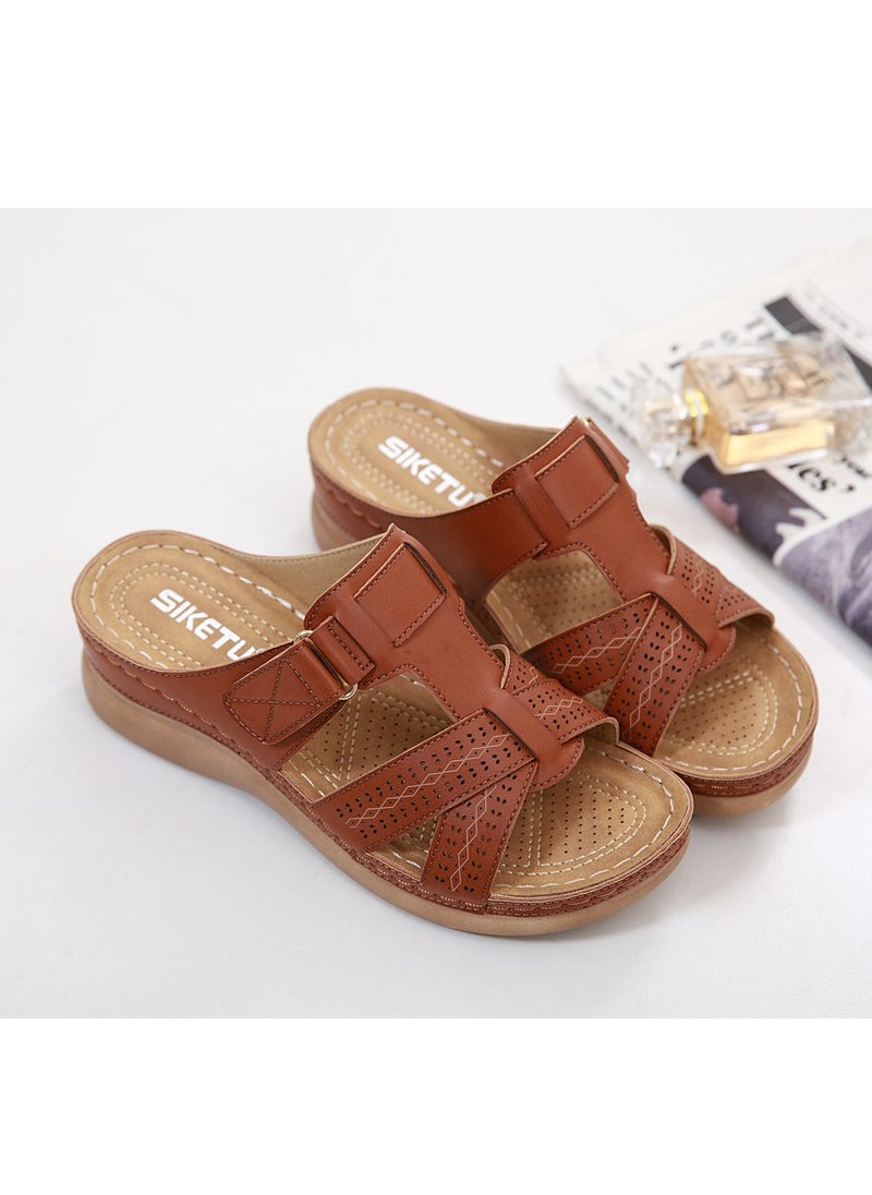 SIKETU Spring And Summer New Comfortable Casual Wedges To Wear Sandals Outside The Beach  Brown  - Image 1