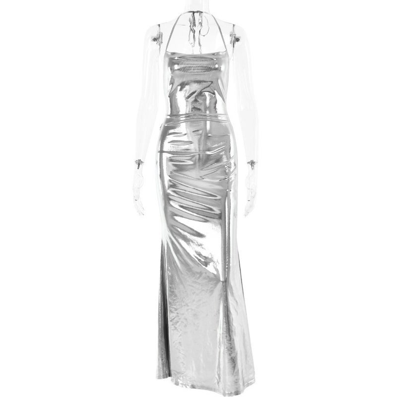 Elegant Solid Halter Neck Cowl Neck Sleeveless Metallic Dress - Image 5
