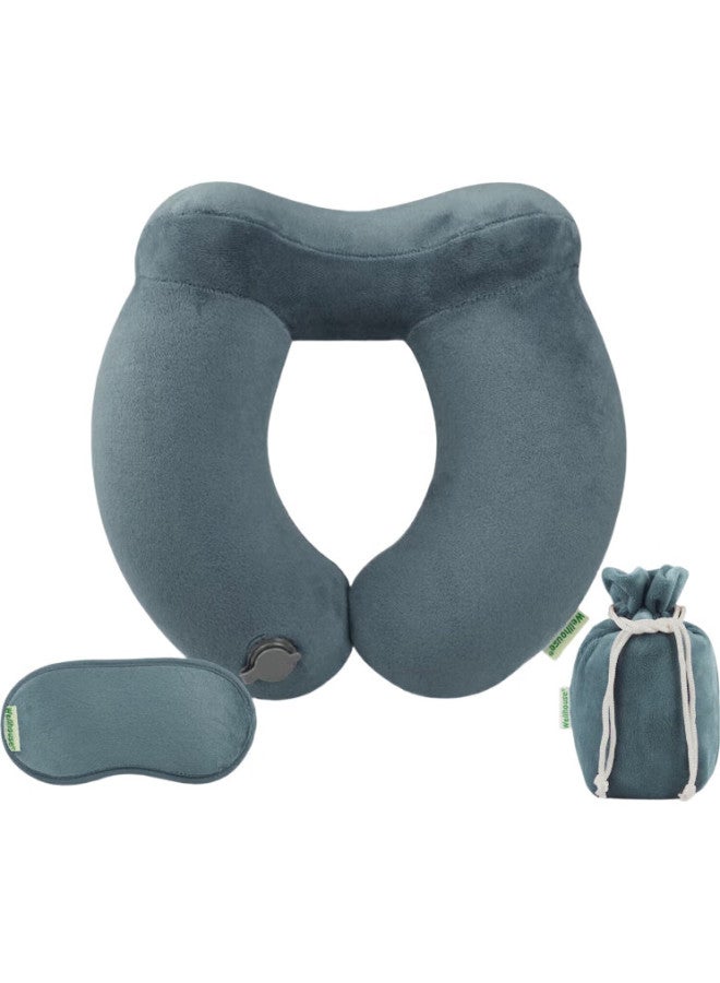 Wellhouse Cotton Fleece Inflatable U-Shaped Neck Pillow Travel 4-Piece Set With Eye Mask, Earplugs, Storage Bag, Portable Cushion, Gray - Image 3