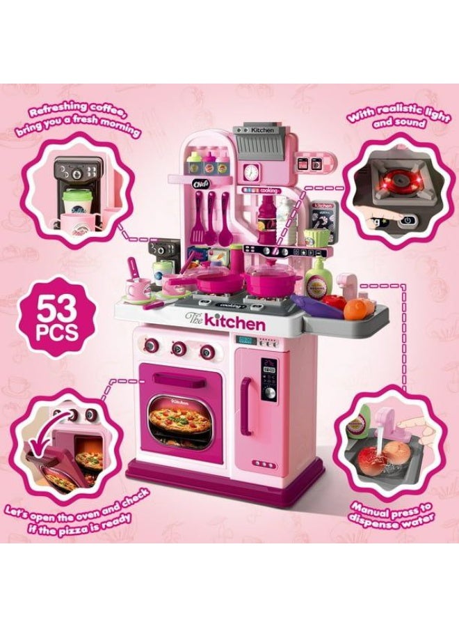 Kitchen Playset-53pcs Cooking Stove,Paly Sink,Oven,Kitchen Toys with Realistic Lights&Sounds，Pretend Play Toys,Kitchen Toys for Toddlers 1 2 3 (Pink) - Image 4