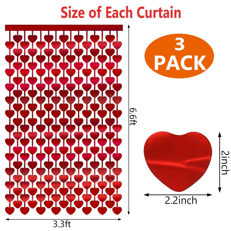 INPLUSTOP 3 Pack Valentines Day Decorations, 3.3 x 6.6 FT Red Heart Foil Fringe Curtains Valentine's Photo Backdrop Streamers for Valentines Party Decorations Galentines Day Decor Wedding Birthday Party Supplie - Image 3