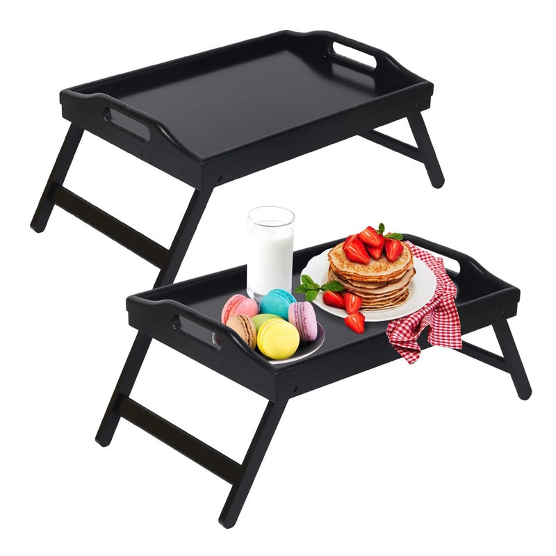 Artmeer Bed Tray Table with Foldable LegsBamboo Breakfast Tray with Handles Ideal for Sofa Bed EatingWorkingUsed As Laptop Desk Snack Tray 2 Pack Black