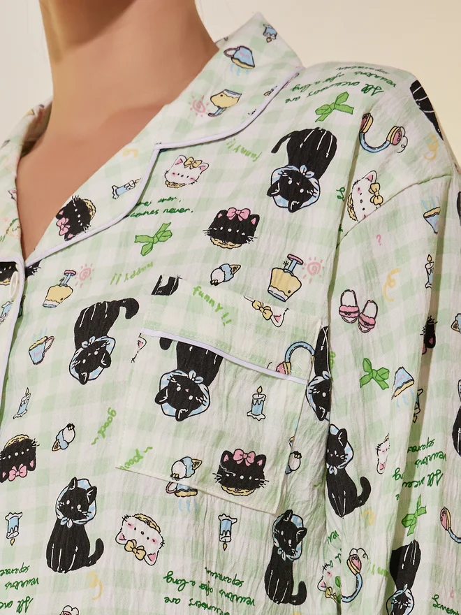 Styli Styli Graphic Print Buttoned Shirt and Pyjama Set