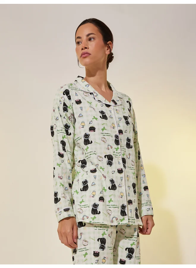 تايك تو Take Two Graphic Print Buttoned Shirt and Pyjama Set
