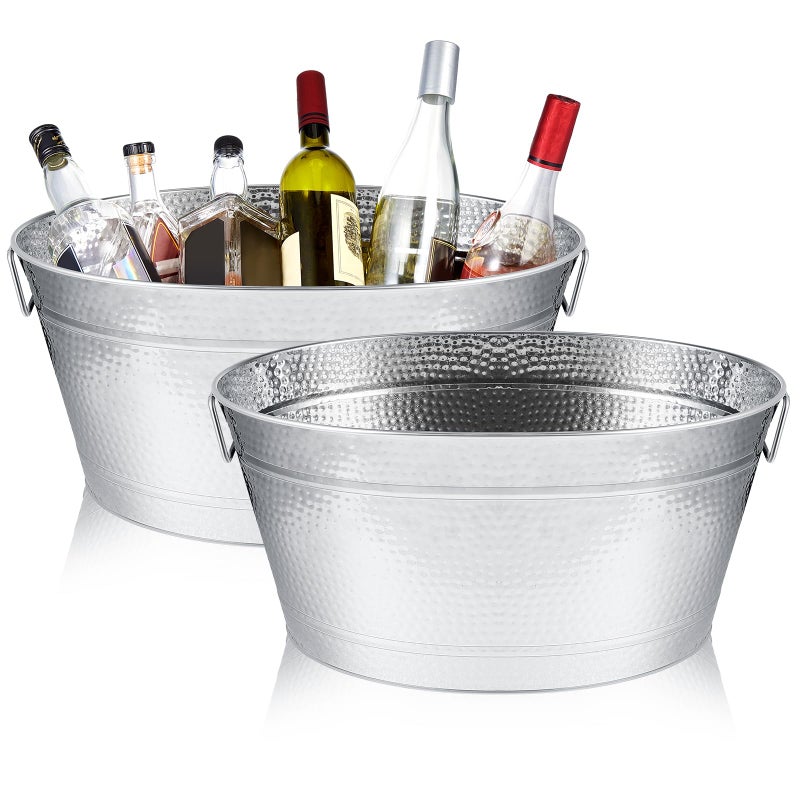 Uiifan 2 قطع 24 كوارت 6 جالون دلو مشروبات من الفولاذ المقاوم للصدأ ثقيل الوزن بيضاوي كبير لحفظ الثلج للمشروبات دلو مبرد حاوية ثلج للبار حفلات الزفاف الذكرى النبيذ فضي