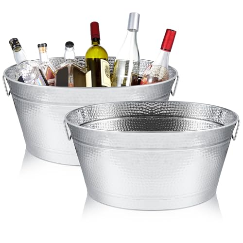 Uiifan 2 قطع 24 كوارت 6 جالون دلو مشروبات من الفولاذ المقاوم للصدأ ثقيل الوزن بيضاوي كبير لحفظ الثلج للمشروبات دلو مبرد حاوية ثلج للبار حفلات الزفاف الذكرى النبيذ فضي