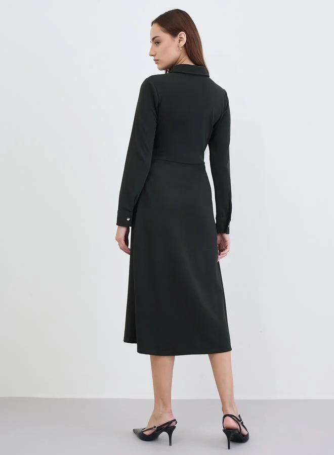 Styli black Solid Long Sleeves Shirt Midi Dress for Women | Best Price UAE