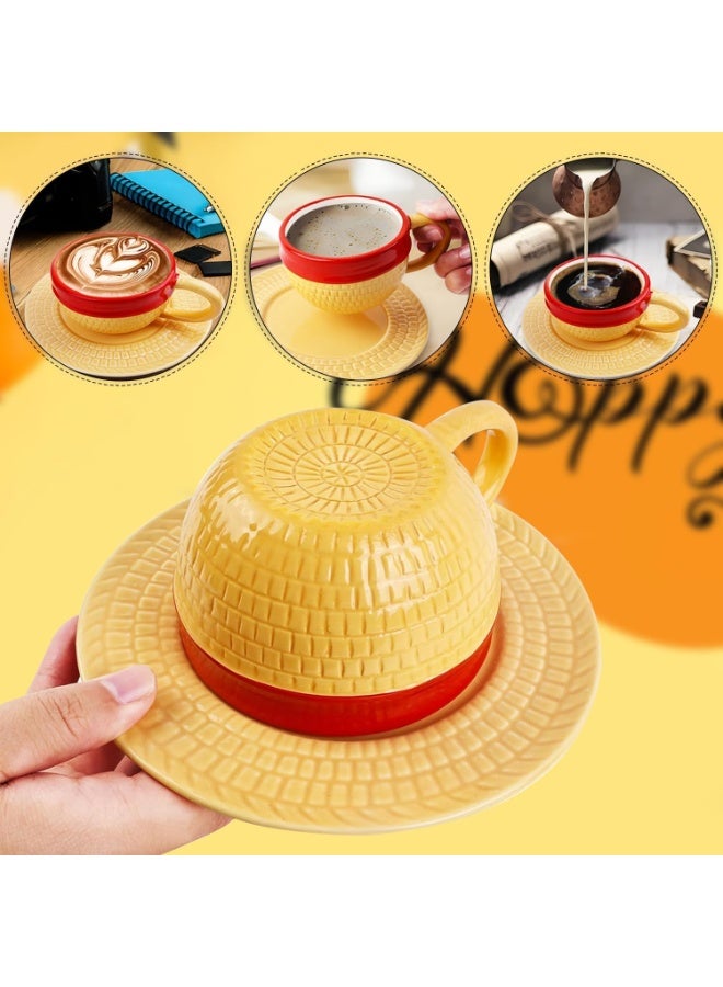 Onepiece أنيمي كأس القهوة السيراميكية Demitasse للإسبريسو، مجموعة مجموعة الشاي الحليب كأس القهوة، قبعة القش كأس إسبريسو البضائع لمحبي الأنيمي عيد ميلاد عيد الميلاد (الأصفر) - Image 3