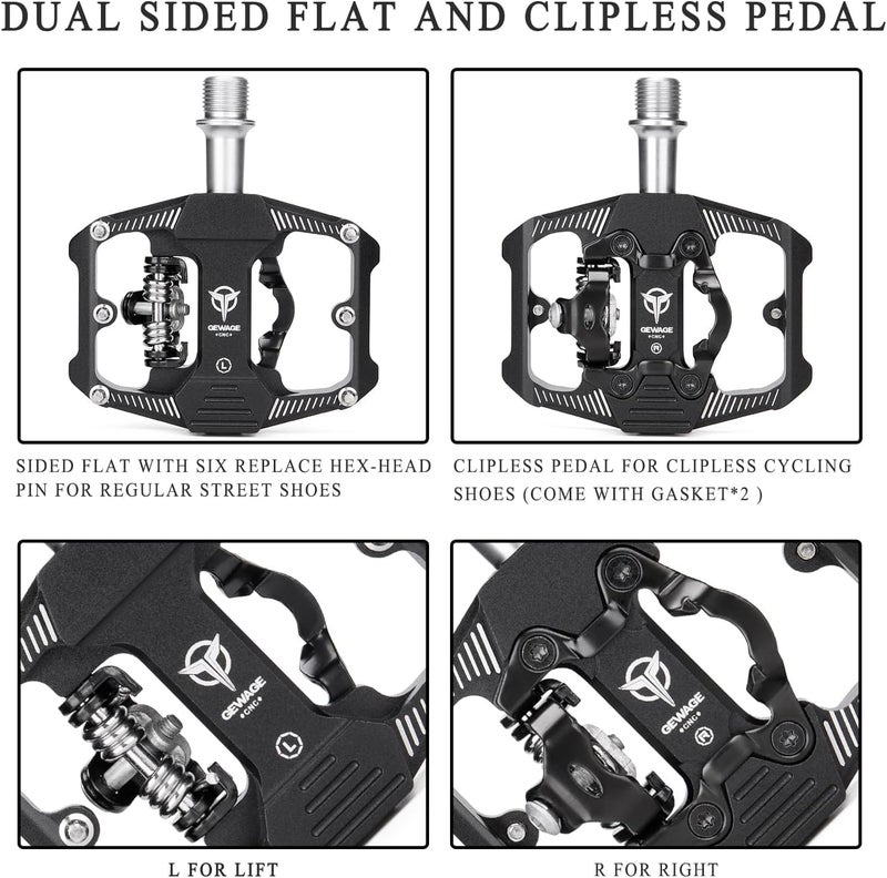GEWAGE Bicycle Pedals for SPD, 3 Sealed Bearings, Double Function, Flat and Click Pedal, Lightweight Aluminium MTB Pedals 9/16 Inch with Cleats for MTB, Road Bike - Image 5