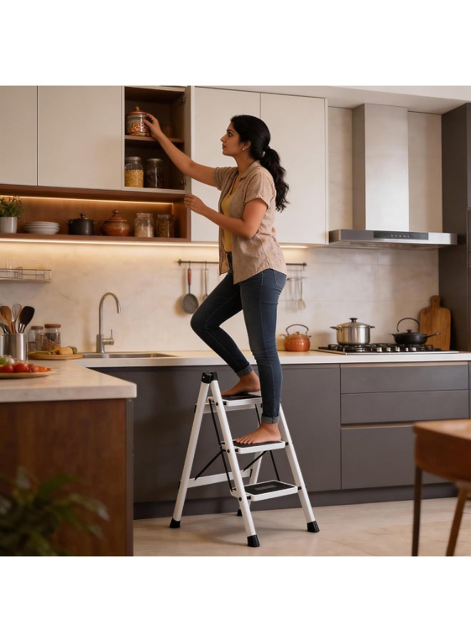 Plantex 3 Step Ladder for Home Use/Wide Anti-Slip Heavy-Duty Step Stool/Lightweight Kitchen Ladder 3 Step (White) - Image 3