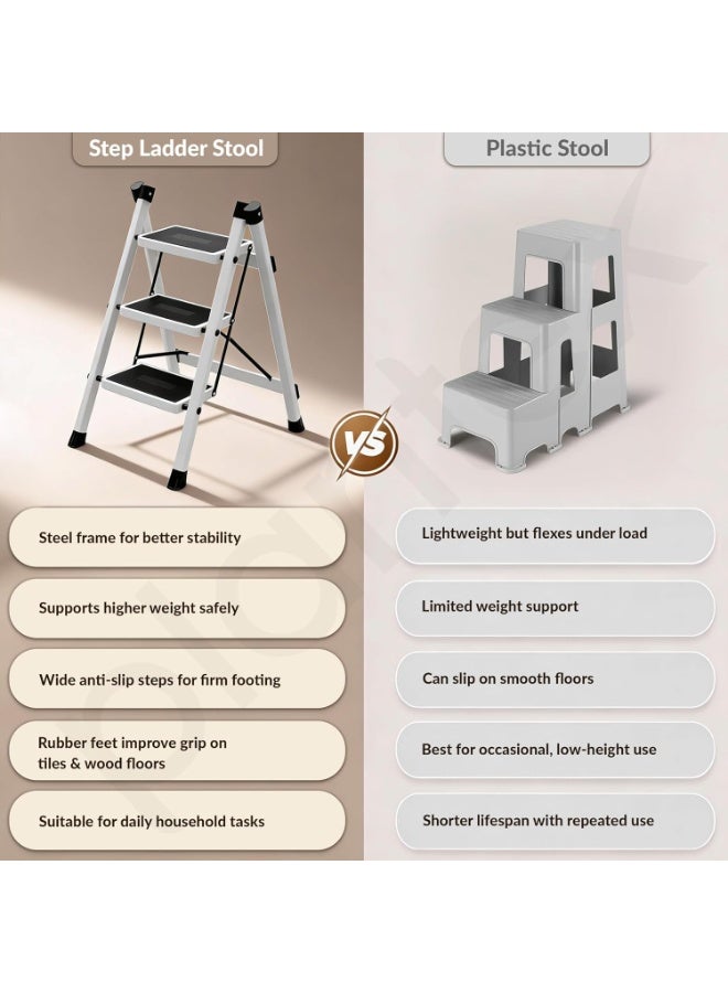 Plantex 3 Step Ladder for Home Use/Wide Anti-Slip Heavy-Duty Step Stool/Lightweight Kitchen Ladder 3 Step (White) - Image 2