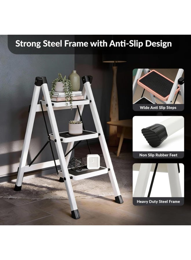 Plantex 3 Step Ladder for Home Use/Wide Anti-Slip Heavy-Duty Step Stool/Lightweight Kitchen Ladder 3 Step (White) - Image 4