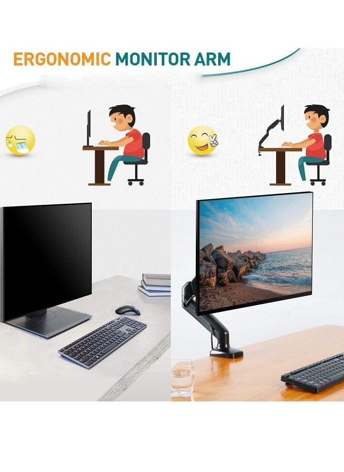 ELTRAZONE Single Monitor Arm for 13-32 Inch Monitors – Gas Spring Arm with 360° Rotation, VESA 75x75/100x100mm, C-Clamp & Grommet Base, Adjustable Stand for Monitors up to 8KG – Ergonomic & Space-Saving Monitor Mount  - Image 3