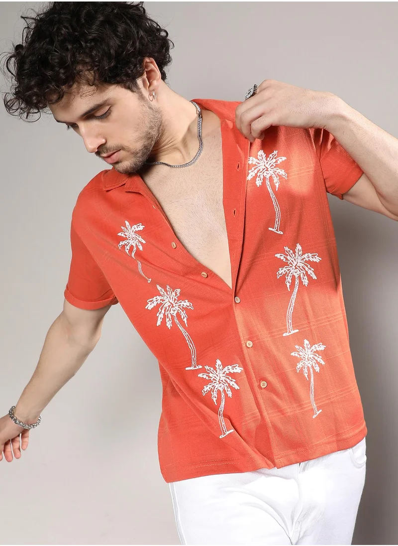 Campus Sutra Men's Vermillion Orange Palm Tree Knit Shirt
