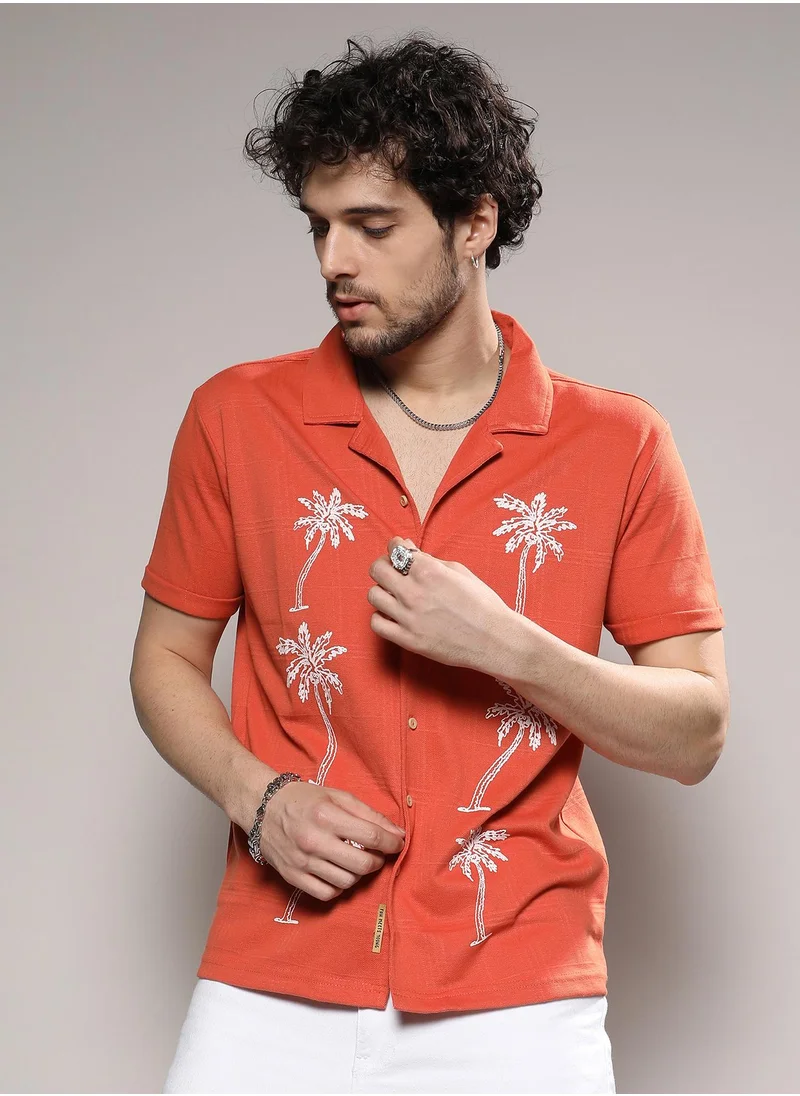 Campus Sutra Men's Vermillion Orange Palm Tree Knit Shirt