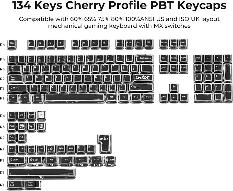 GMKWTL أغطية مفاتيح XVX شفافة سوداء، مجموعة أغطية مفاتيح PBT ببروفايل Cherry، أغطية مفاتيح لوحة مفاتيح جرافيتي بالطباعة التسامية مناسبة لمفاتيح MX بنسب 60% 65% 75% 80% 100% للوحات المفاتيح الميكانيكية - Image 3
