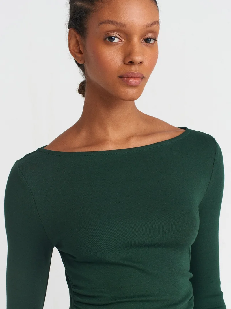 ديلفين 31401 Gathered Boat Neck Top-N.Green