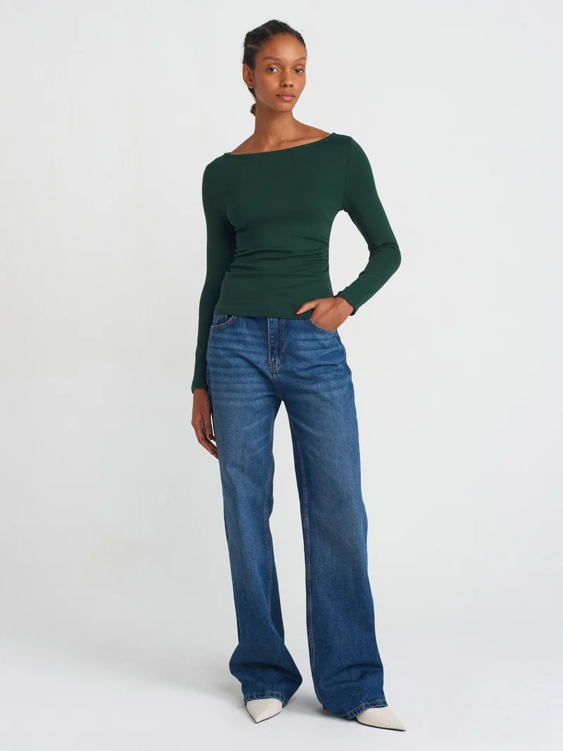 ديلفين 31401 Gathered Boat Neck Top-N.Green