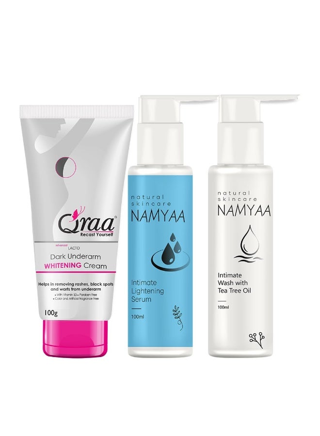 NAMYAA مجموعة العناية الحميمة الكاملة من ناميا (سيروم حميمة، 100 مل مع غسول حميمة 100 مل وكريم تفتيح الإبط الداكن المتقدم لاكتو، 100 جرام) - Image 1