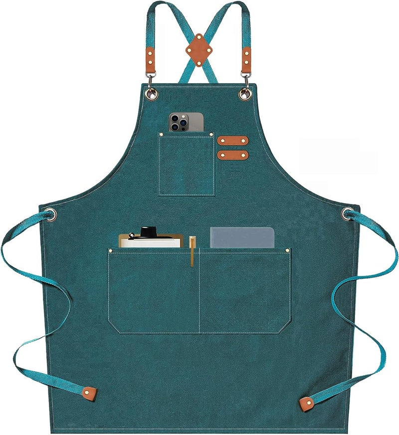 AFUN Chef Aprons for Men Women with Large Pockets, 16oz Cotton Canvas Cross Back Heavy Duty Work Apron (Dark Green) - Image 1