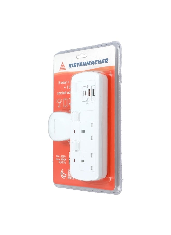 KISTENMACHER - 3250W 2-Way 2-USB 1-USBC Socket Adapter White 5.1 x 13.6 x 19.5 cm EGK 602BUC - Image 1