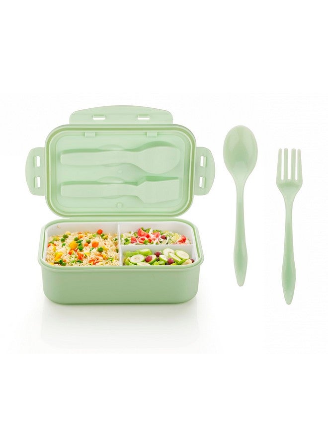 Attro Carbon Lunch Box with 3 Compartment, Stylish lid & 2 Spoons Made with Heavy Plastic BPA Free Food Grade Perfect for School Kids, College & Outdoor 1100ml - Green
