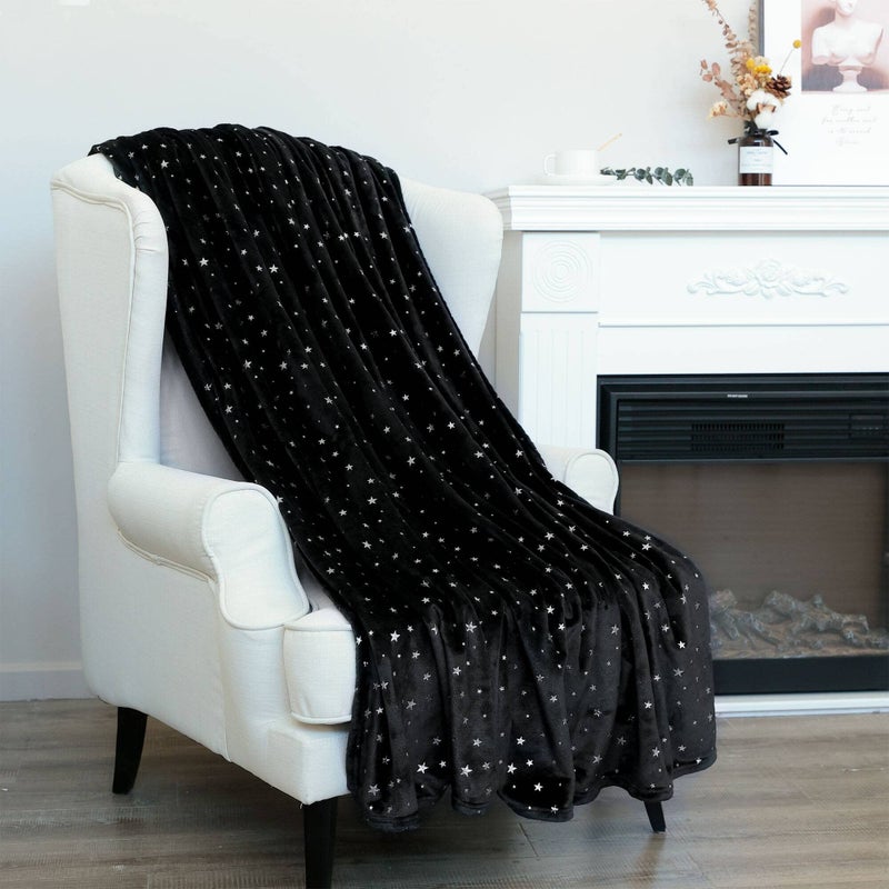NANPIPER Fleece BlanketsSoft Fuzzy Star Foil Print BlanketLuxury Cozy Microfiber Twin Size65x 80 Black
