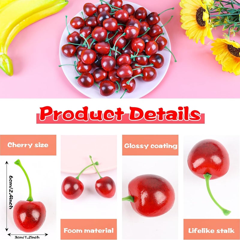 FOIMAS 50pcs Artificial Fruit Cherries,Lifelike Fake Cherry Simulation Decor for Home Decoration Photo Prop Craft Supply - Image 2