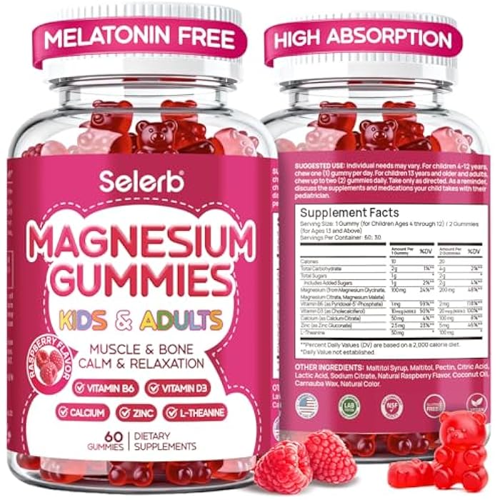 Selerb Magnesium Glycinate Gummies for Kids & Adults Melatonin Free Calm Magnesium Gummies with Citrate, Malate, B6, D3, Calcium & L-Theanine for Sleep Relaxation, Bone & Muscle Magnesium for Kids | 60 Count - Image 1