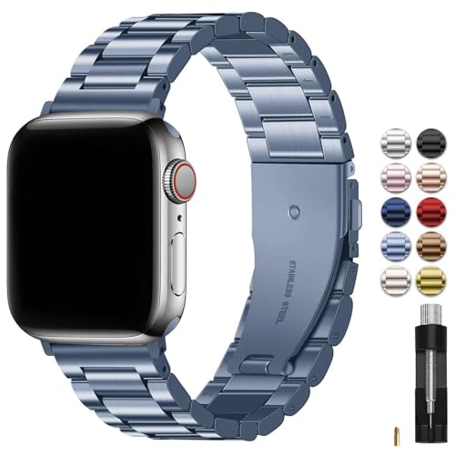 Fullmosa Metal Band Compatible with Apple Watch Bands 45mm 44mm 42mm, iWatch Band with Case for Apple Watch Series 9 8 7 6 5 4 3 2 1 SE3/2/1, Blue Grey - Image 1
