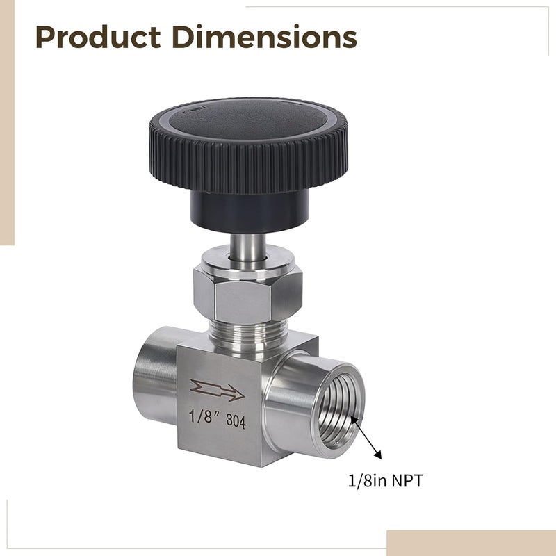 Inline Needle Valve, 304 Stainless Steel Manual Flow Control With 1/8 Npt Thread For Water, Air, Oil Systems - Image 2