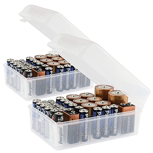 GlossyEnd Set of 2, 37 Slot Multi Battery Storage Box, Battery Storage Case, Battery Holder, Stores: 15 AA Batteries, 12 AAA Batteries, 6 C Batteries, 2 D Batteries and 2 9V Batteries, Clear - Image 1