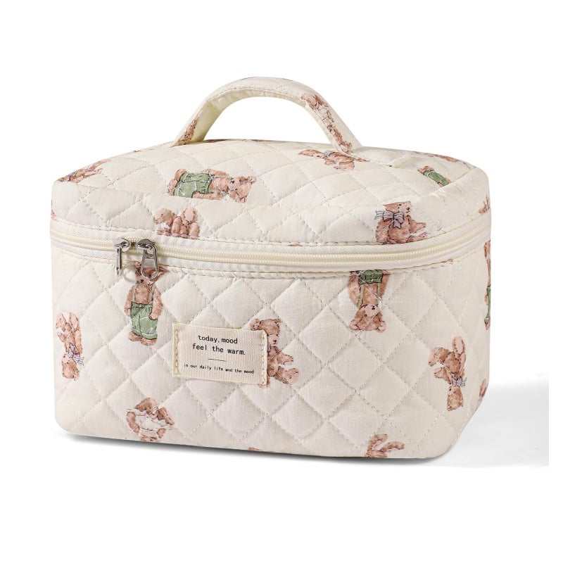 Large Travel Makeup Bag: White Quilted Floral Cotton - Coquette Aesthetic Makeup Organizer for Women Travel & Home Use - Image 1