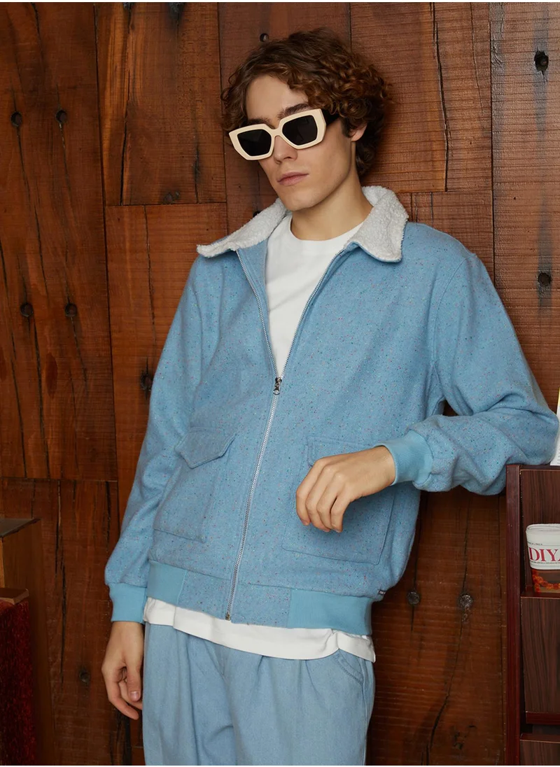 Campus Sutra Men's Powder Blue Fleece-Lined Zip-Front Jacket