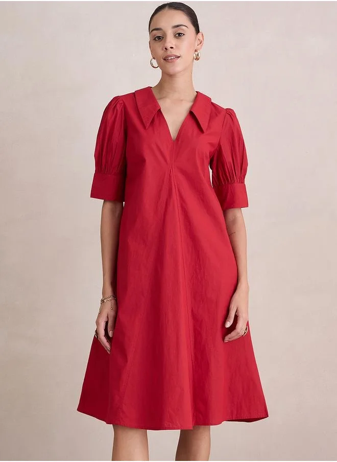 فيميلا Cotton Puff Sleeve V-Neck Midi Dress